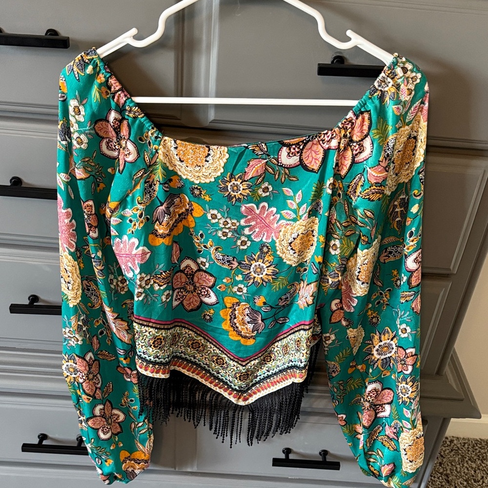 Daytrip Teal Floral Blouse with Black Fringe